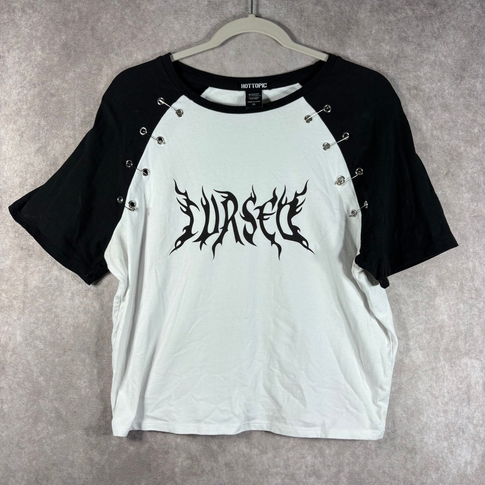 Hot‎ Topic Shirt Womens Size XL White Black Cursed Grommet Crop Grunge Gothic